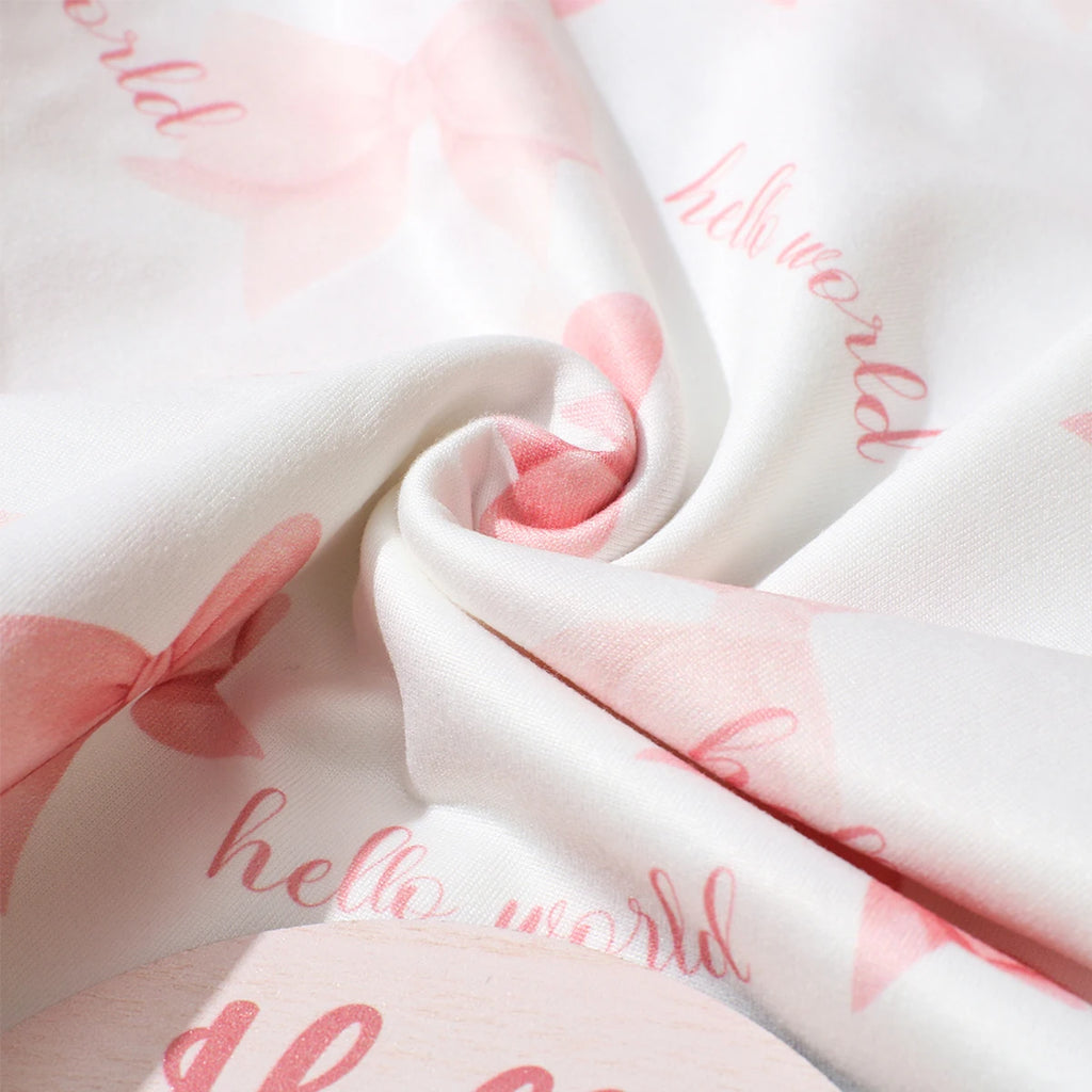 Newborn Baby Girl Swaddle Wrap Set Hello Bow Print Cotton Blanket + Bow Hat + Birth Announcement Card Infant Photoshoot Props