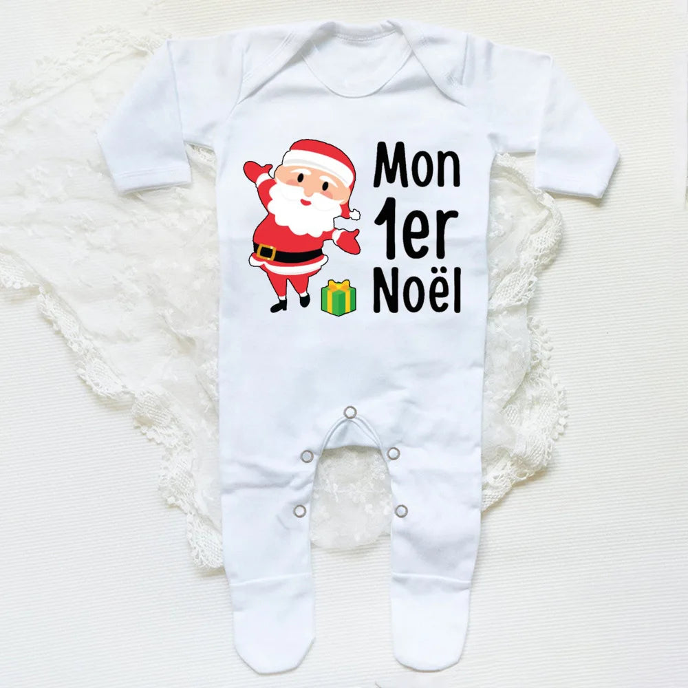 Your Baby's First Christmas Footed Sleepsuit Romper With French Letter Print Unisex Newborn Through Six Months