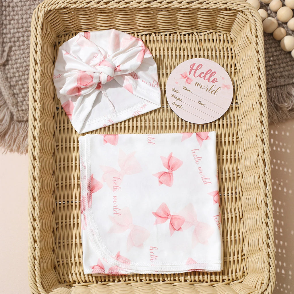 Newborn Baby Girl Swaddle Wrap Set Hello Bow Print Cotton Blanket + Bow Hat + Birth Announcement Card Infant Photoshoot Props