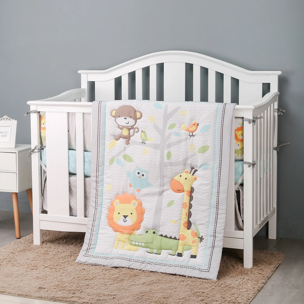 7Pcs jungle theme baby girl crib bedding set Baby Boy or Girl Unisex Cot Bedding Set (4Bumper Crib Sheet Comforter Crib Skirt)