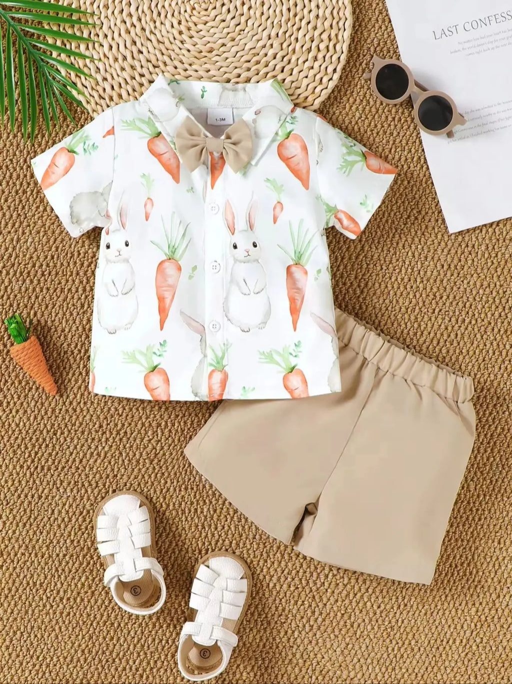 Baby Boy Easter Outfit Short Sleeve Shirt Carrot Print Top with Shorts Spring Summer Two-Piece Set for Little Gentlemen