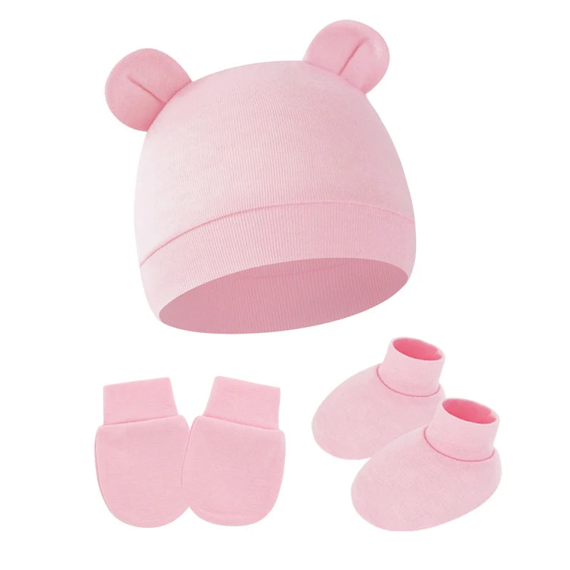 3Pcs Newborn Hat Set Cotton Bear Baby Beanie Hat Gloves Socks Suit Candy Color Infant Bonnet Toddler Cap Newborn Gift 0-6M
