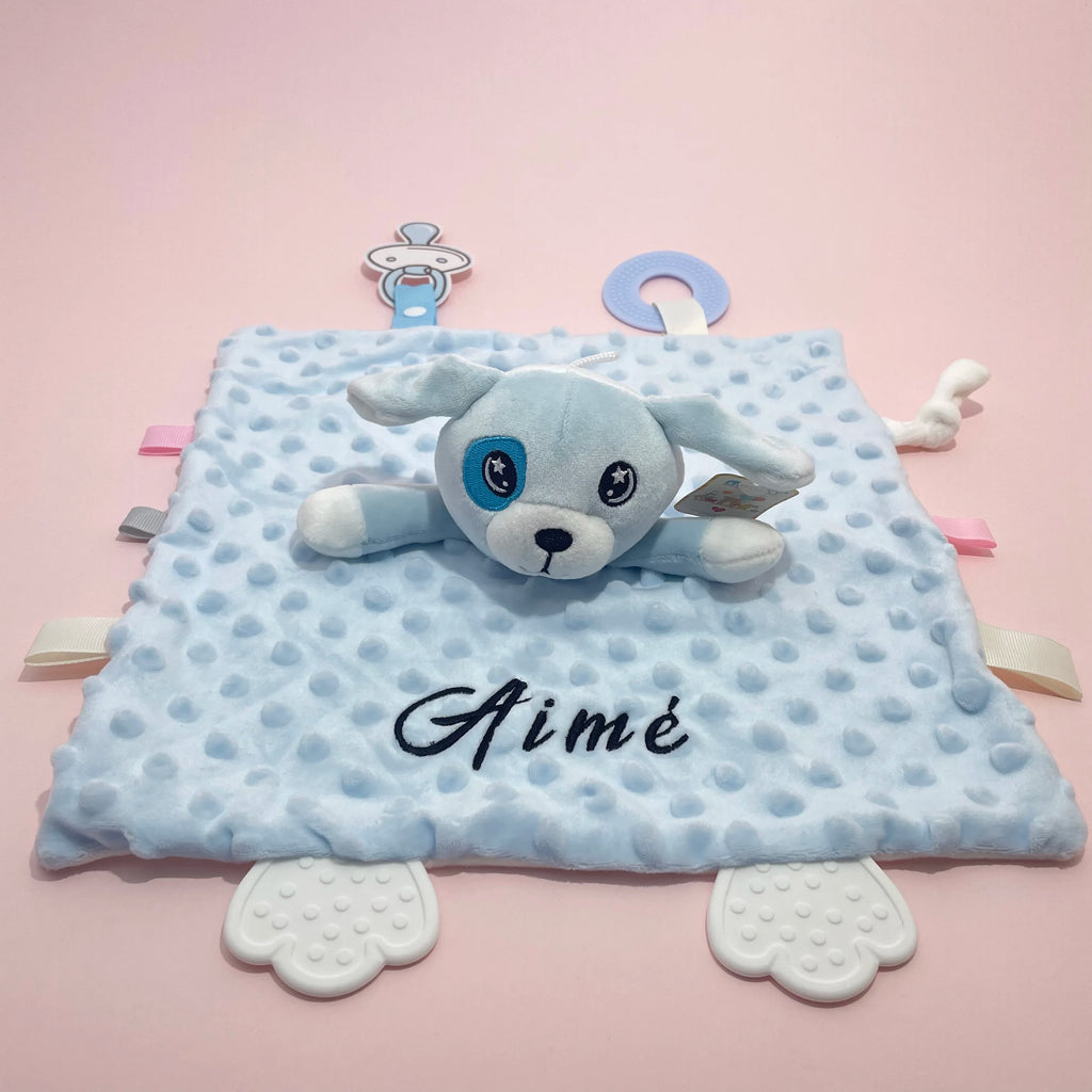 Personalized Newborn Baby Comforter Custom Minky Security Blanket with Teether Bunny Elephant Baby Shower Gift