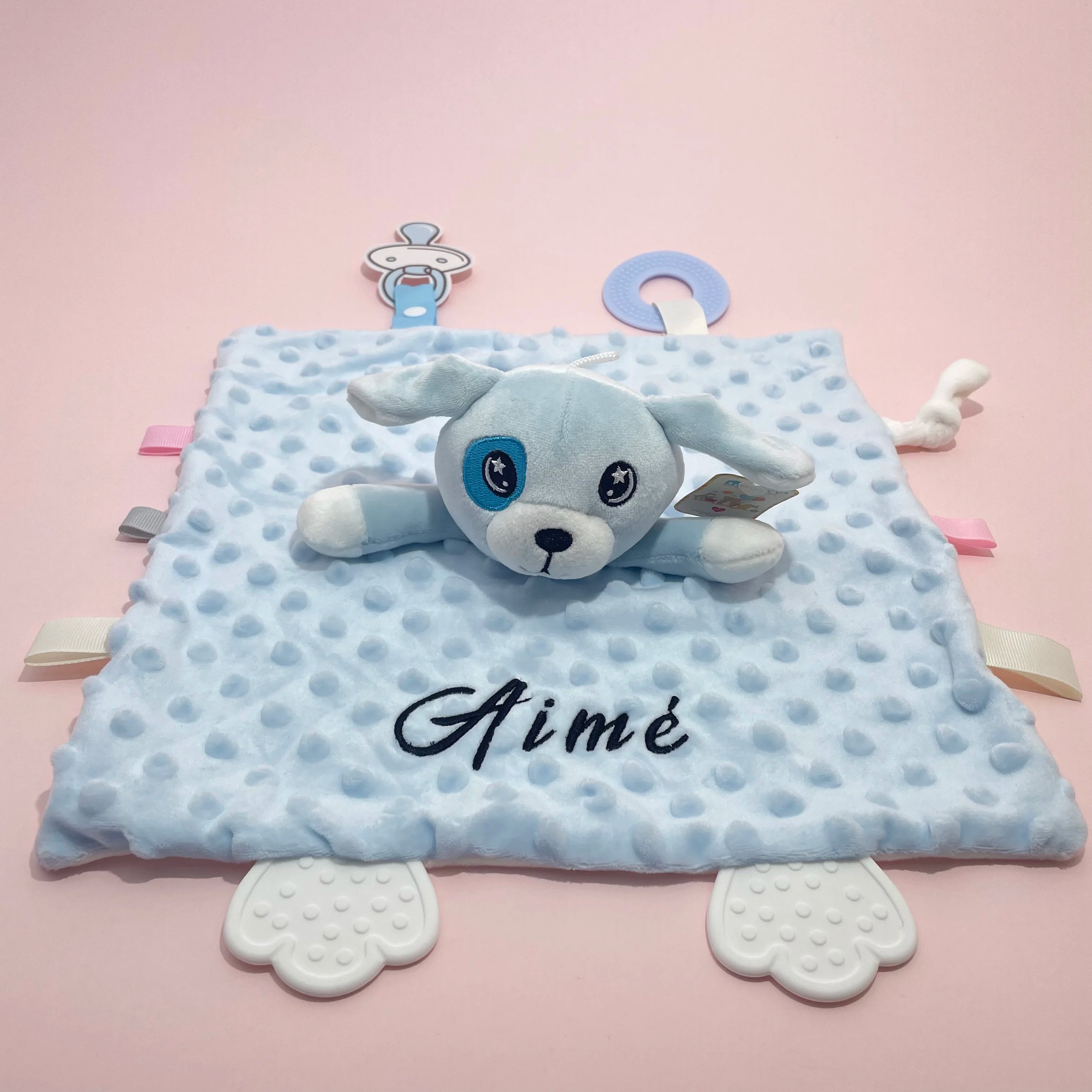 Personalized Newborn Baby Comforter Custom Minky Security Blanket with Teether Bunny Elephant Baby Shower Gift