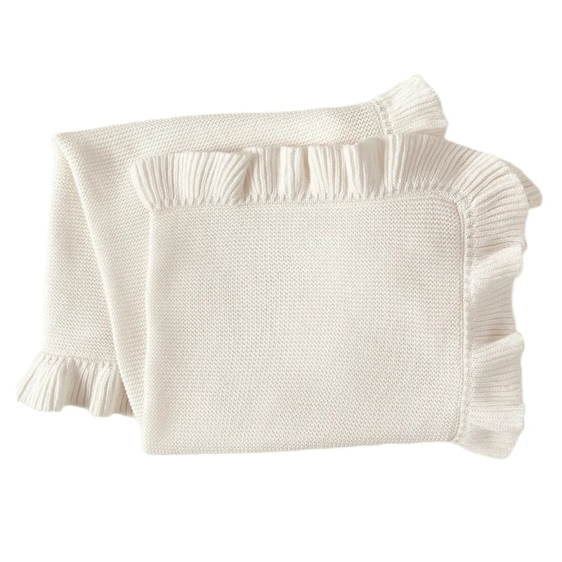 Cotton Knitted Baby Blanket Newborns Swaddles Wrap Towel with Ruffle Decors, Infant Toddler Bedding Stuff Crib Quilt