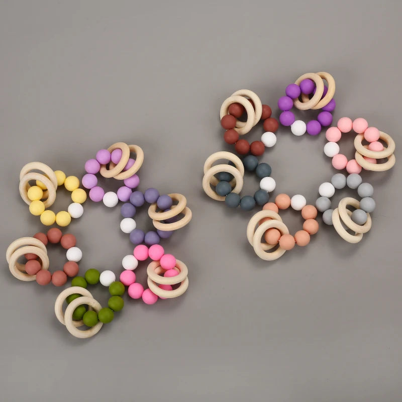Wooden Toys Baby Bracelets Teether Silicone Beads Teething Wood Ring Rattles Toys Infant Nursing Gift for Newborns BPA Free