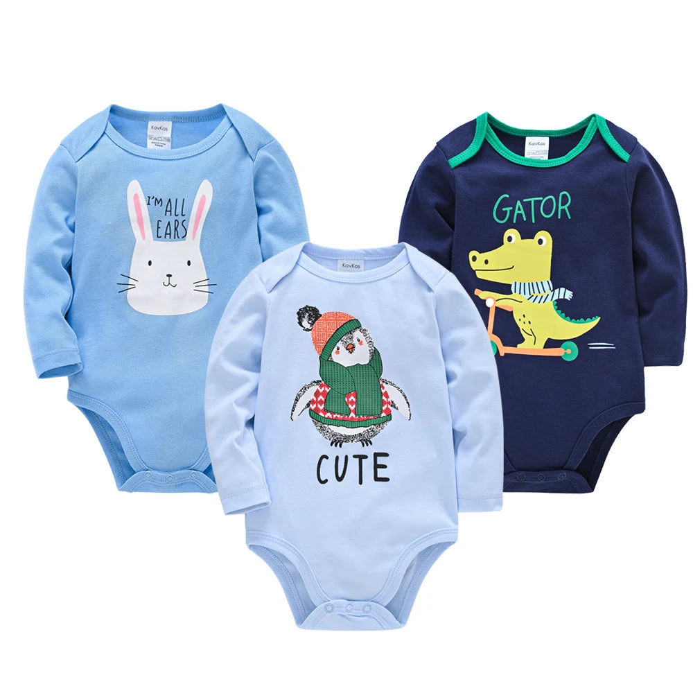3-Pack Baby Boys Bodysuits 100% Cotton Long Sleeve Kids Rompers Cute Printing Baby Clothing Set for 0-24M