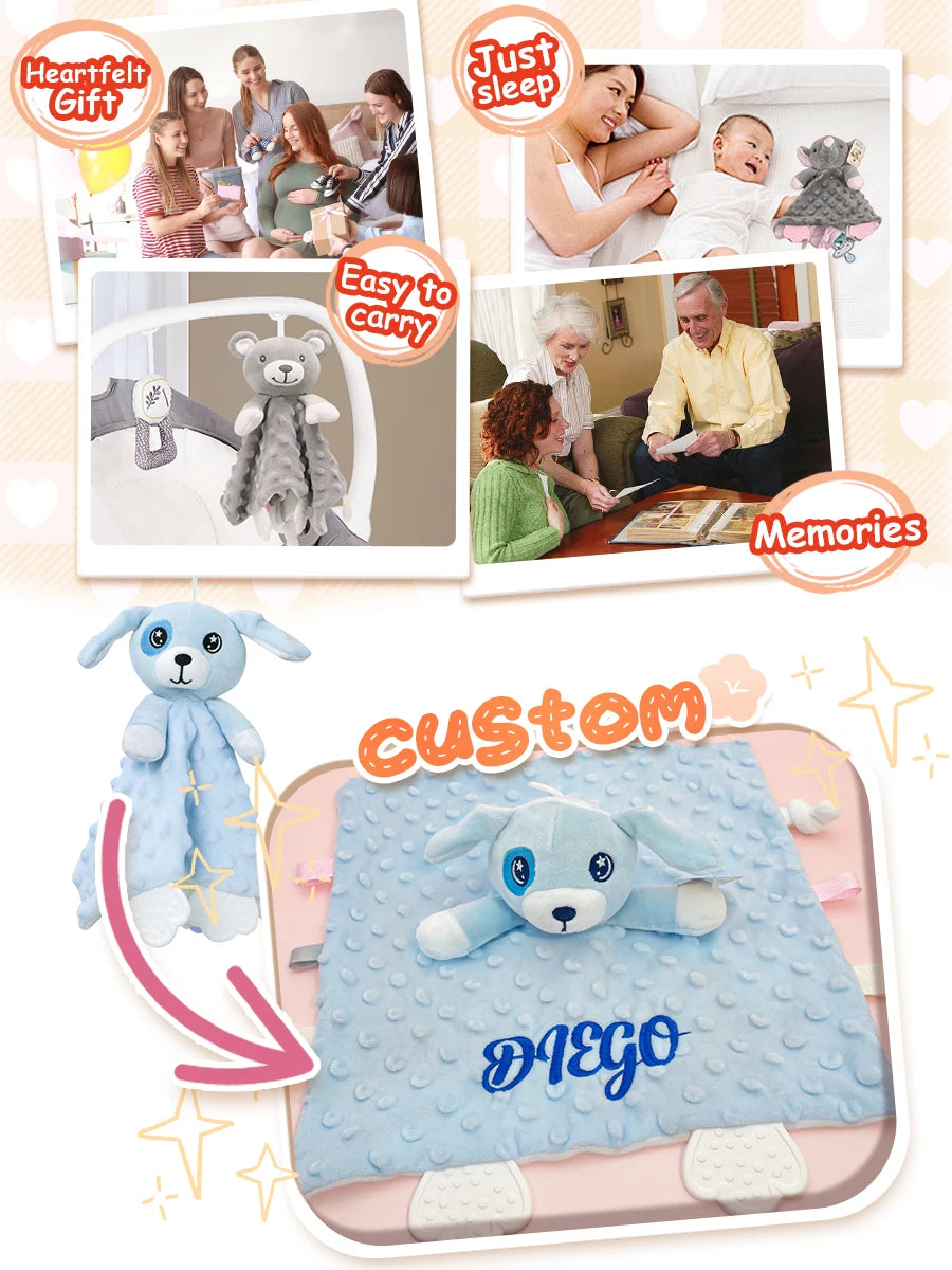 Personalized Newborn Baby Comforter Custom Minky Security Blanket with Teether Bunny Elephant Baby Shower Gift