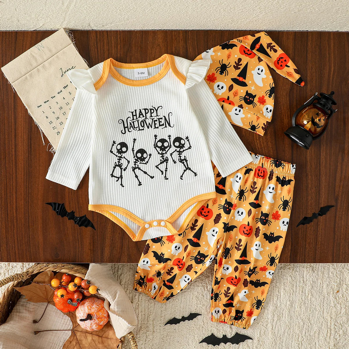 3Pcs Autumn Halloween Infant Baby Girl Boys Outfit Print Long Sleeve Romper Pants Fall Cute Streetwear Clothes Set+Hat