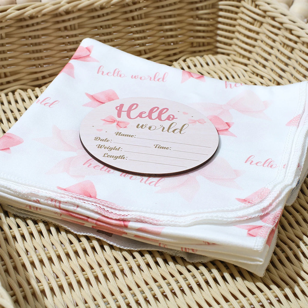 Newborn Baby Girl Swaddle Wrap Set Hello Bow Print Cotton Blanket + Bow Hat + Birth Announcement Card Infant Photoshoot Props