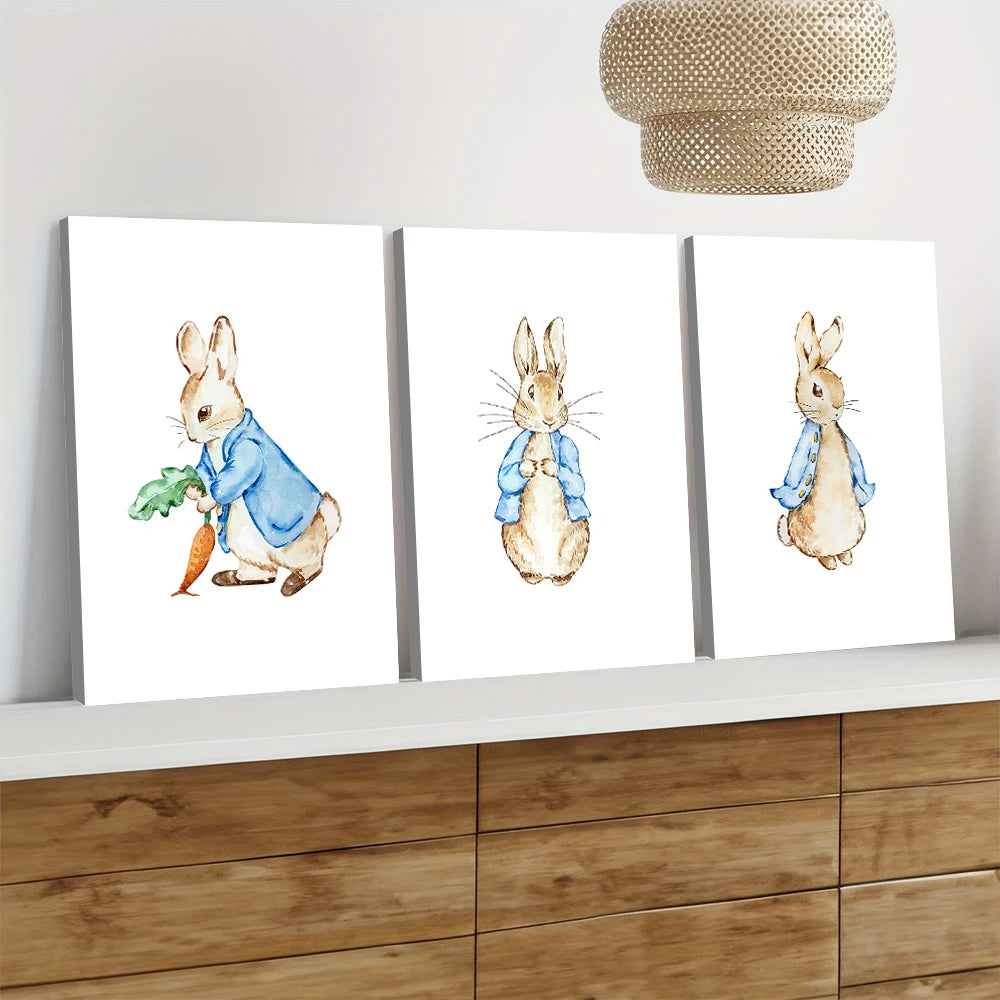 3 Cute Peter Rabbit Cartoon Canvas Decorative Paintings for Children's Room Bedroom Wall Art Hanging Paintings Warm Animal Patte