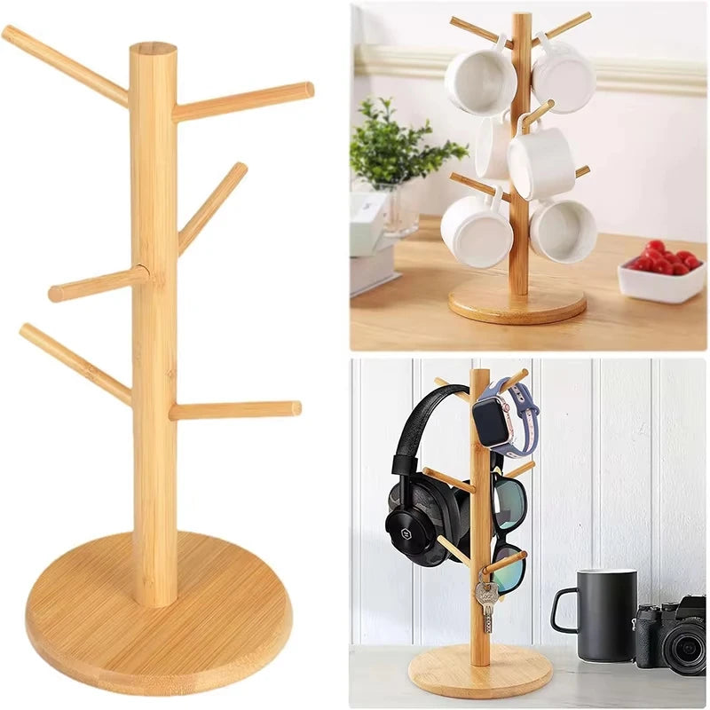 Mug Tree Holder Bamboo Natural Six-Hook Space-Saving Desk Organizer