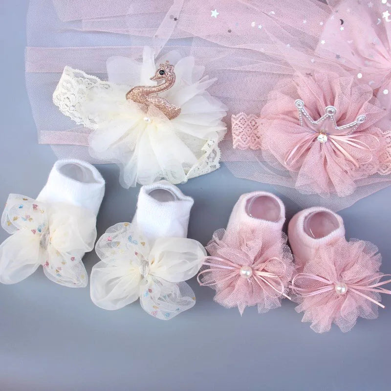 Princess Baby Headband Socks Set Mesh Flower Crown Toddler Hairbands Bow Infant Cotton Socks Newborn Photo Props Headwear Gift