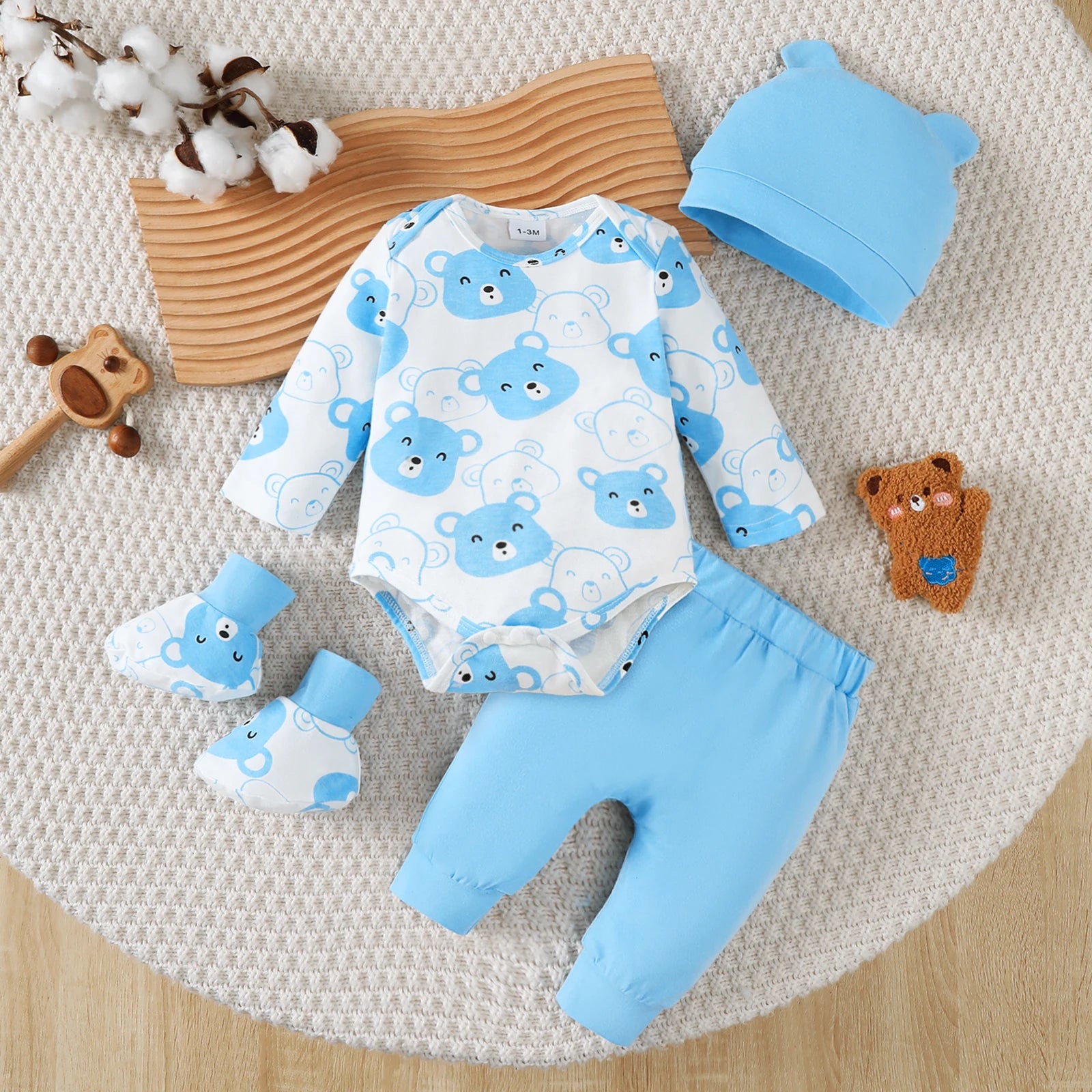 0 To 12 Months Baby Boy Little Bear Print Set Long Sleeve Bodysuit Pants Hat Socks 4 Pieces Cotton Spring Autumn