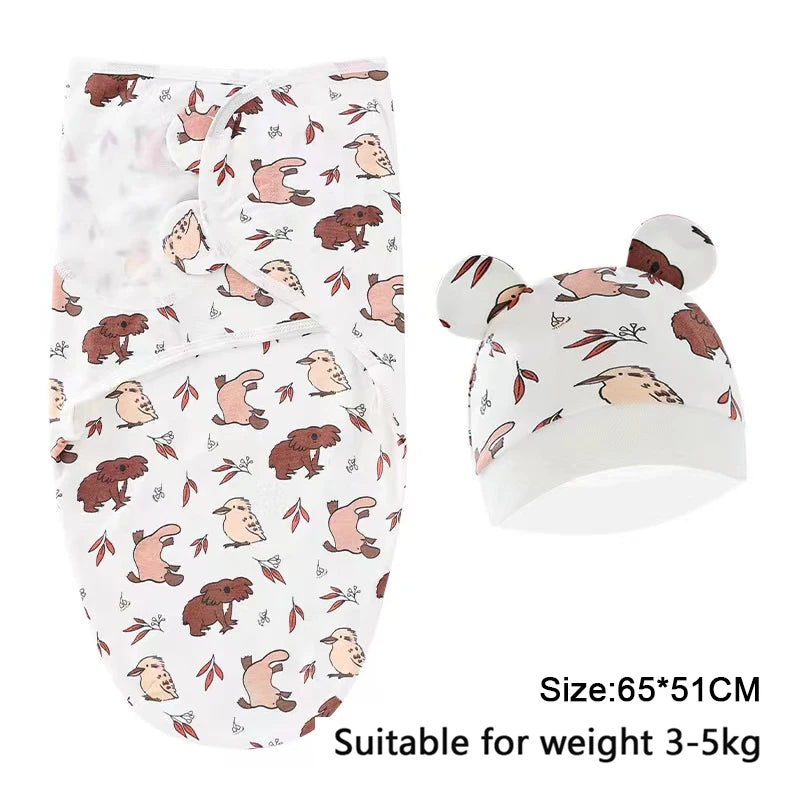 Baby Blanket And Hat Set 100 Percent Cotton Cartoon Animal Print