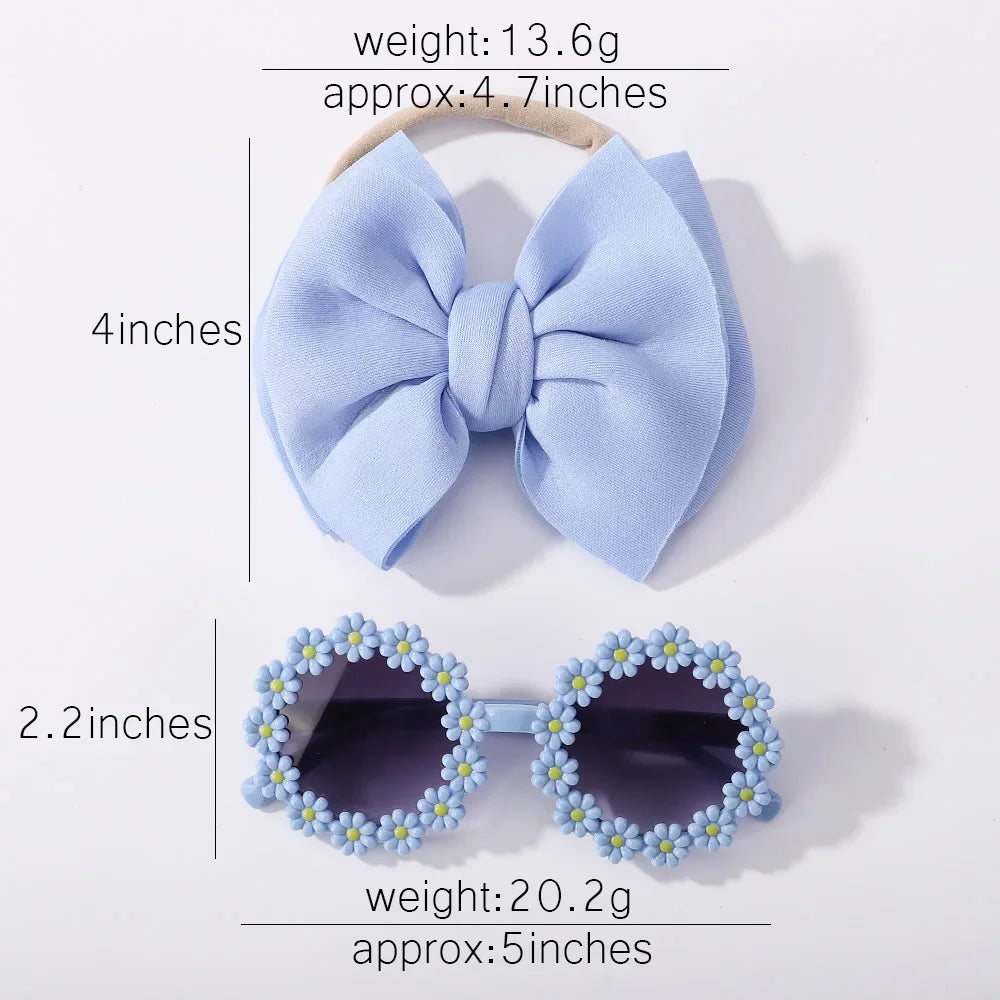 2Pcs Kids Sunglasses Headband Set Daisy Flower Round Toddler Bohemia Beach Seaside Sun Protection Eyewear Kids Hair Accessories