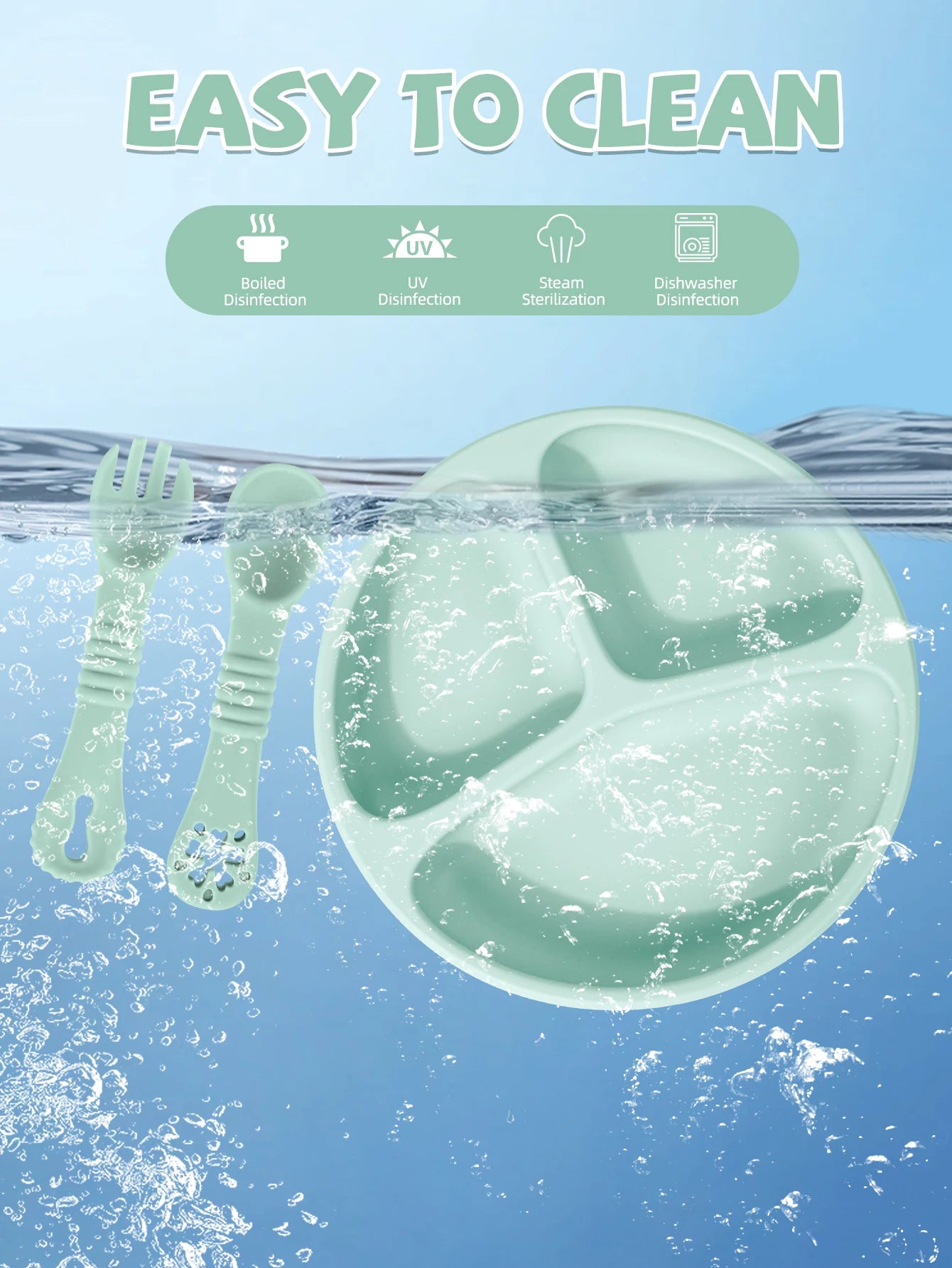 TYRY.HU 3pcs-1set Silicone Baby Feeding Set Divided Suction Plate Silicone Spoon Fork First Feeding Essentials Children Gift ﻿