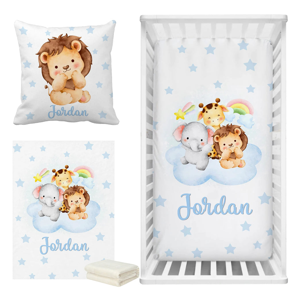 Cot Sheet Set Cotton Blue Safari Design Fits 28x52 With Snug Elastic