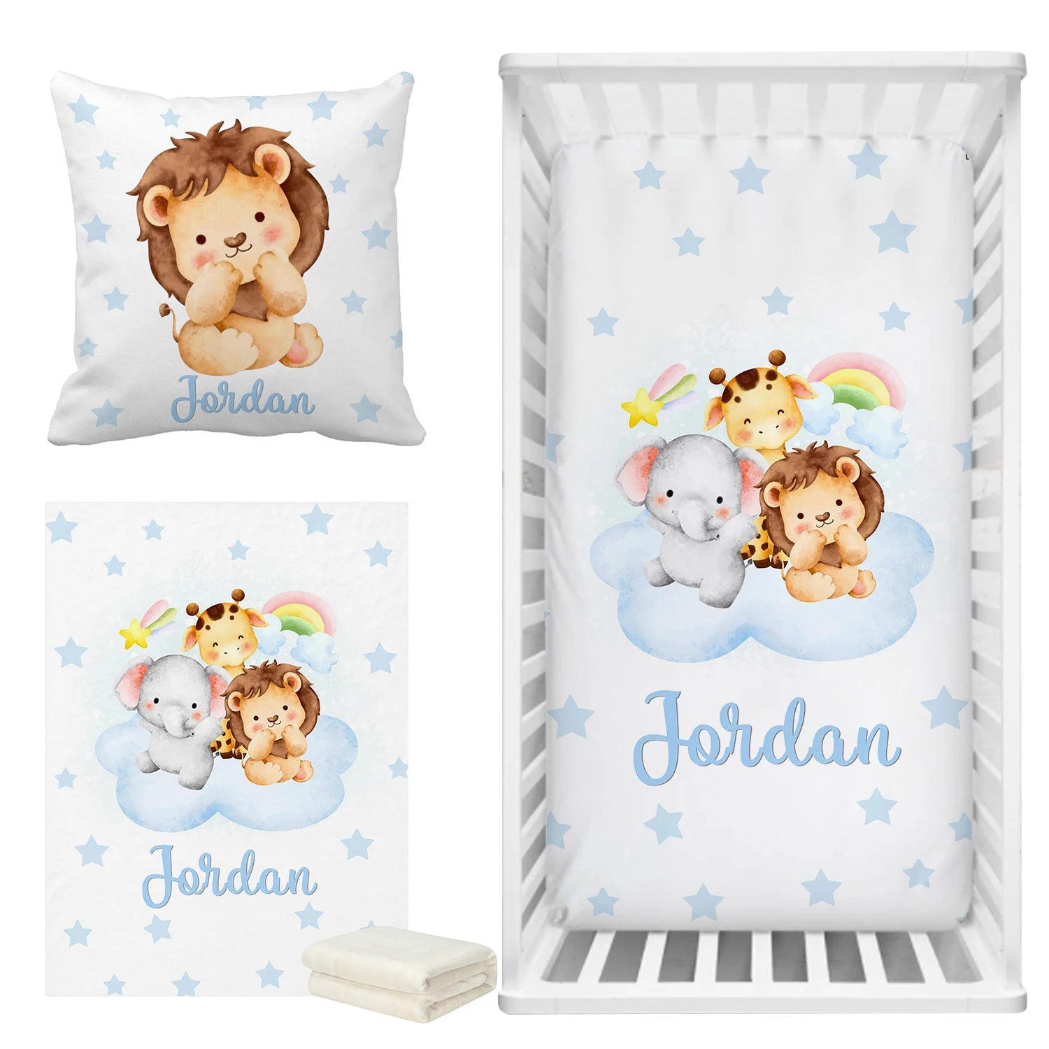 Cot Sheet Set Cotton Blue Safari Design Fits 28x52 With Snug Elastic