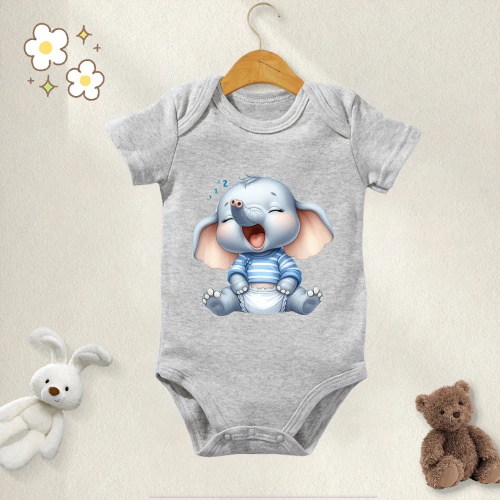 Unisex Baby Bodysuit Cute Elephant Print 100 Percent Cotton Short Sleeve Onesie Romper for 0 To 12 Months