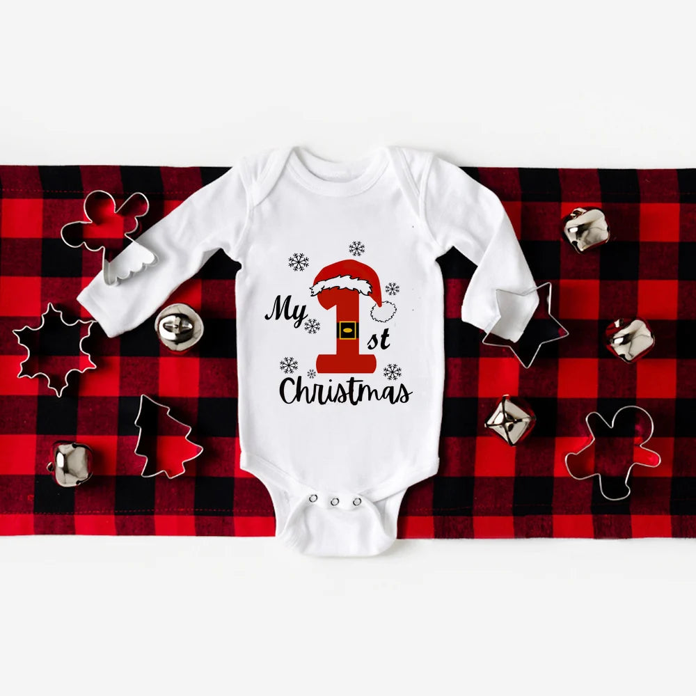 Your First Christmas Baby Long Sleeve Romper With Deer Print Unisex 0 To 24M Cozy Gift