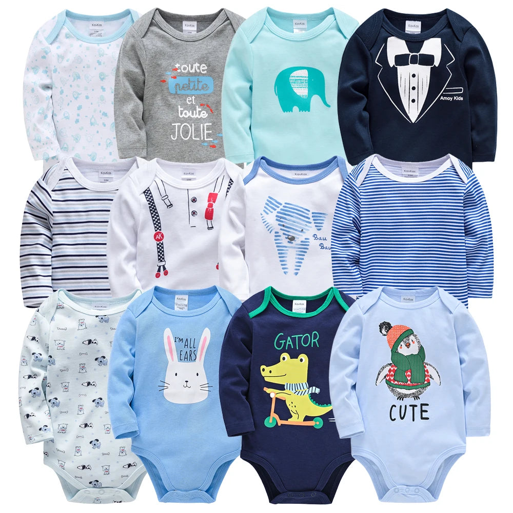 3-Pack Baby Boys Bodysuits 100% Cotton Long Sleeve Kids Rompers Cute Printing Baby Clothing Set for 0-24M