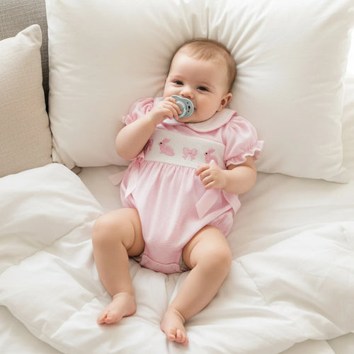 Baby Girl Easter Romper with Bunny Embroidery and Doll Collar Bubble Short Sleeve