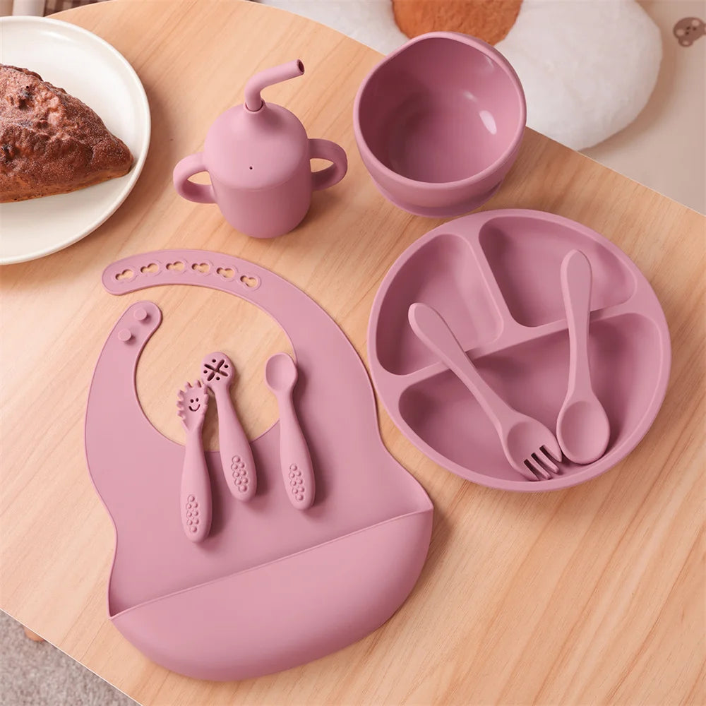 Baby Feeding Set Silicone 9-Piece Bowl Plate Bib Cup Utensils