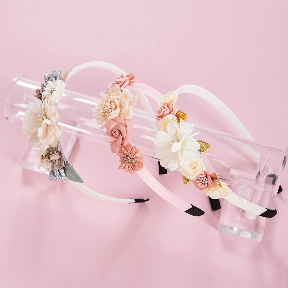 Artificial Flower Baby Hair Bands Fake Flroal Rhinstone Ins Fashion Hair Hoop Princess Girls Accessories Silk Rose Kids Headwear