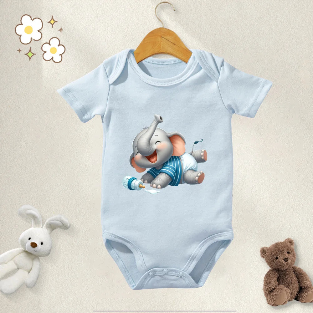 Unisex Baby Bodysuit Cute Elephant Print 100 Percent Cotton Short Sleeve Onesie Romper for 0 To 12 Months