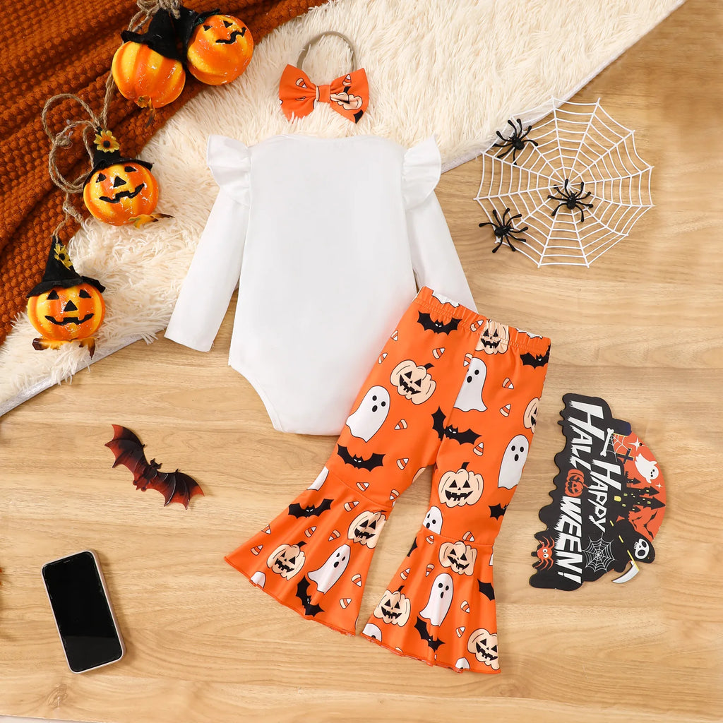 Halloween Autumn Baby Girl Ghost Long Sleeve Romper Bell Bottom Pants Headband 3-Piece Set Soft Infant Wear 0-1 Years