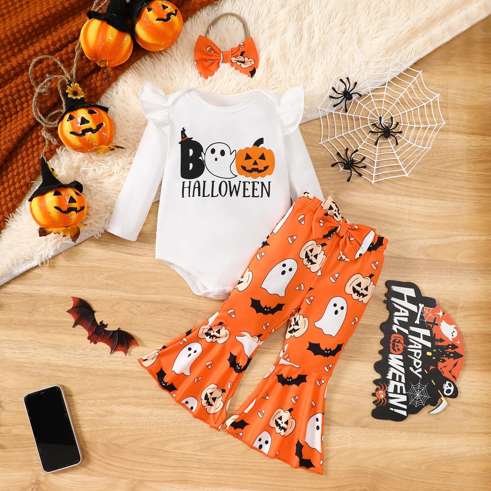 Halloween Autumn Baby Girl Ghost Long Sleeve Romper Bell Bottom Pants Headband 3-Piece Set Soft Infant Wear 0-1 Years