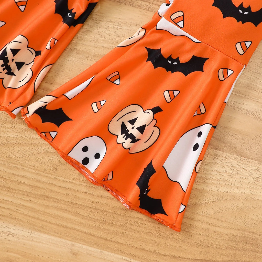 Halloween Autumn Baby Girl Ghost Long Sleeve Romper Bell Bottom Pants Headband 3-Piece Set Soft Infant Wear 0-1 Years