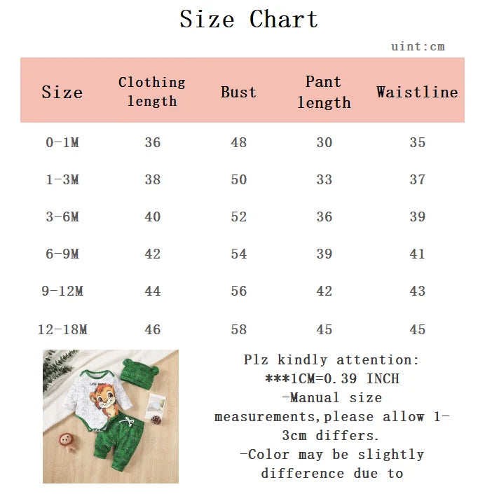 Newborn Boy Baby Set Cartoon Small Lion Print Long Sleeve Bodysuit and Pants 2Pcs/ Set for Boys 0-18 Months Spring  Autumn Set