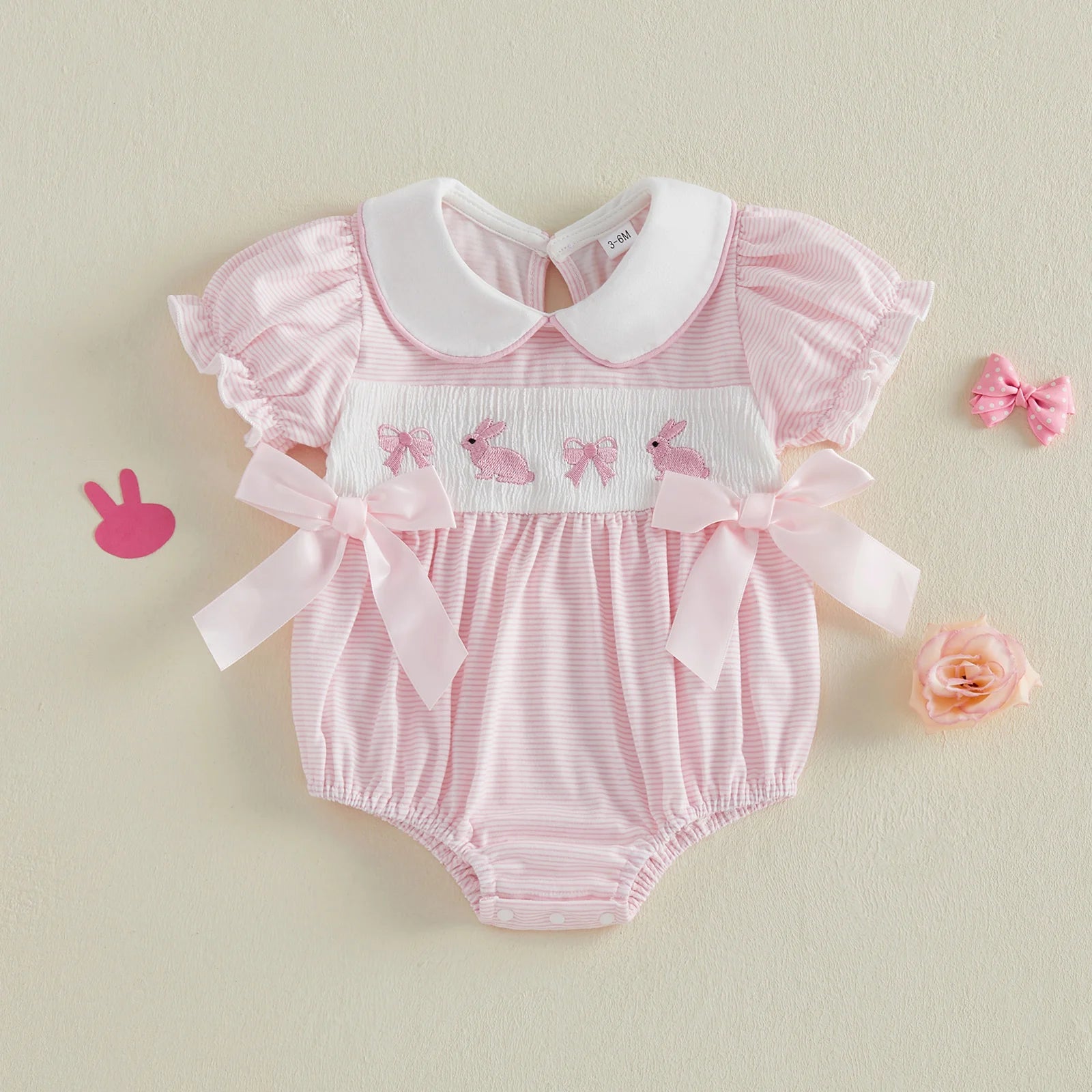 Baby Girl Easter Outfit  Bunny Embroidery Doll Collar Bubble Short Sleeve Jumpsuit Romper Cute Easter Clothes