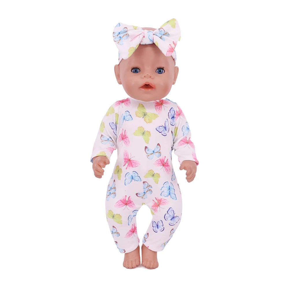 2Pcs/set Pajamas For 43CM Baby Doll&18Inch American Doll Clothes Bow Tie Headband+Jumpsuit Pajamas Unicorn Flamingo Pattern,Toys