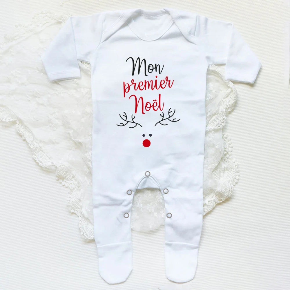Your Baby's First Christmas Footed Sleepsuit Romper With French Letter Print Unisex Newborn Through Six Months