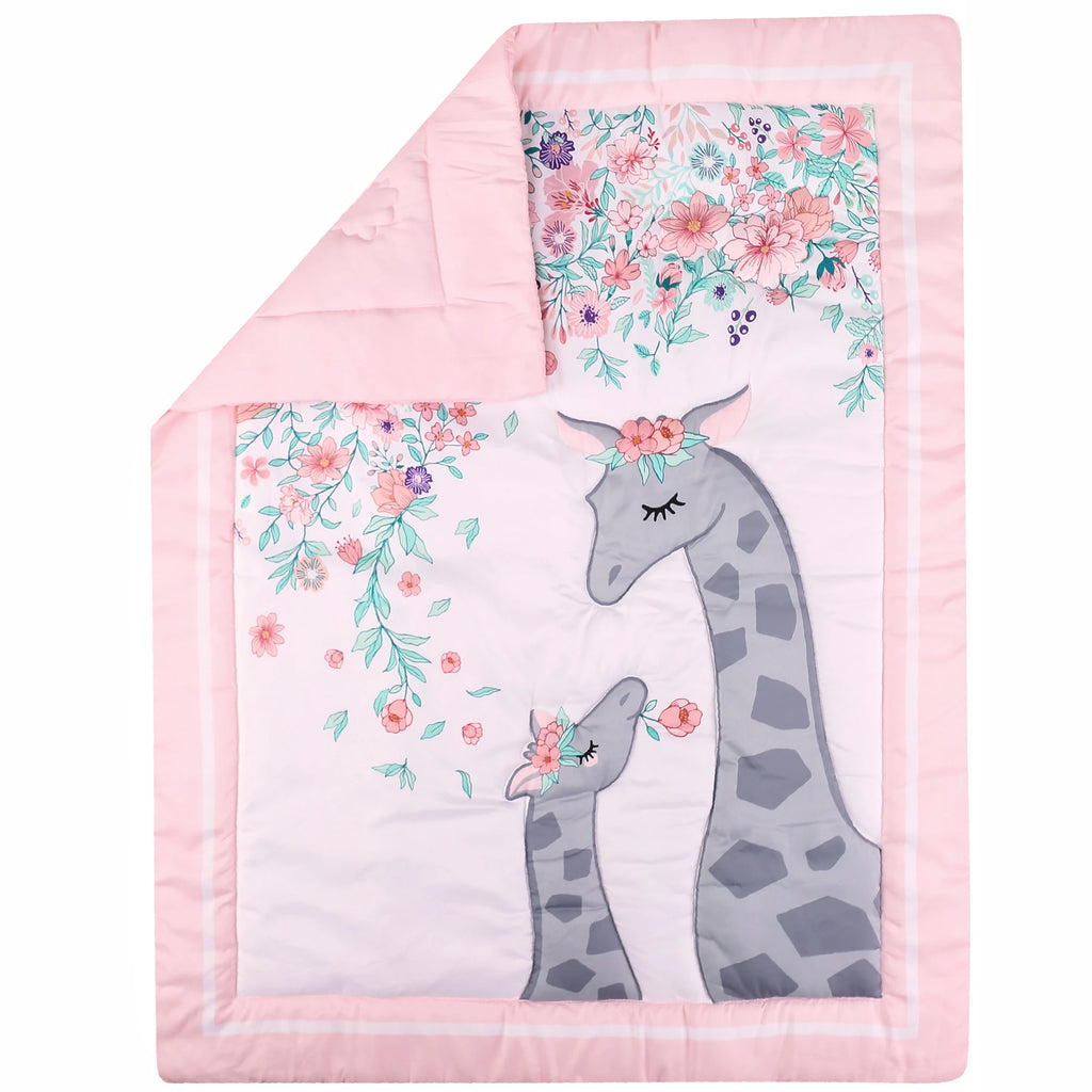 4Pcs Flower Giraffe luxury Baby Girl Cot Bedding Crib Set Cunas para Bebes (Comforter Fitted Sheet Crib Skirt Blanket)