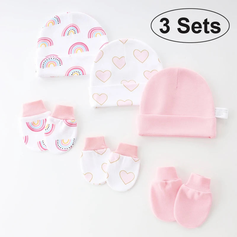 3 Sets Newborn Hat Gloves 100% Cotton Cartoon Baby Beanie Hat for Girls Boys Infant Bonnet Toddler Cap Kids Accessories 0-6M