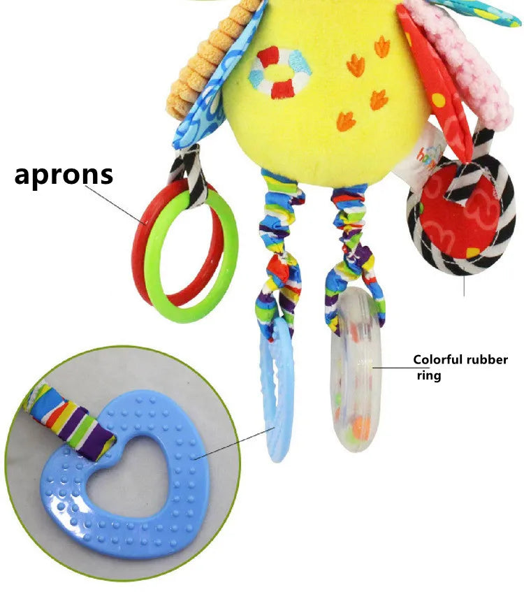 Plush Animal Wind Chime Teether Soft Hanging Crinkle Squeaky Sensory Learning Toy for Stroller Car Seat Crib Travel for Babies