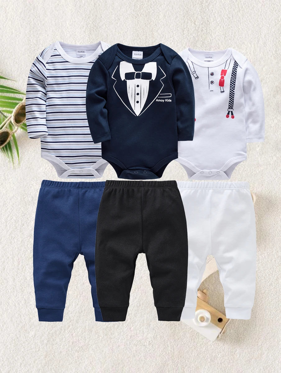 6 Pcs Baby Clothes Boys Romper Long Sleeve Bodysuit Trousers Baby Clothing Sets Onesize and Pants Suit Newborn Gift