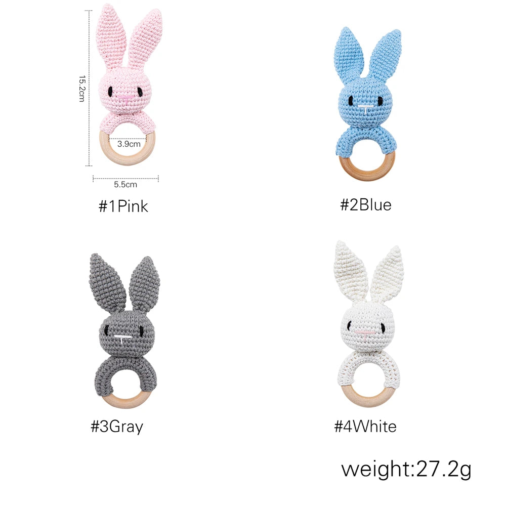 Crochet Baby Toys Wooden Easter Handmade Bunny Rattle Toys 0 12 Months,Four Color Rabbit Rattle Soft,New born Baby Teething Toys