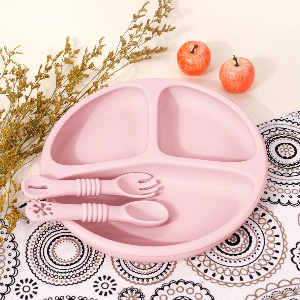 TYRY.HU 3pcs-1set Silicone Baby Feeding Set Divided Suction Plate Silicone Spoon Fork First Feeding Essentials Children Gift ﻿