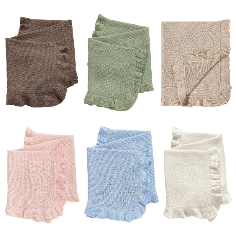 Cotton Knitted Baby Blanket Newborns Swaddles Wrap Towel with Ruffle Decors, Infant Toddler Bedding Stuff Crib Quilt