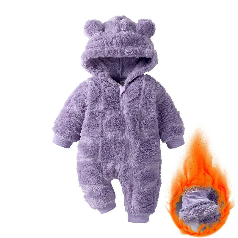 Cartoon Baby Romper With Hood Arctic Velvet Hooded Winter Warm Long Sleeve Unisex 0 To 18 Months Newborn Clothes