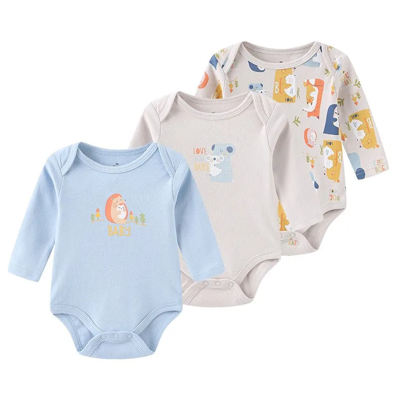 Kiddiezoom Three Piece Newborn Cartoon Long Sleeve 100 Percent Cotton Baby Bodysuits Unisex Soft Infant Onesies