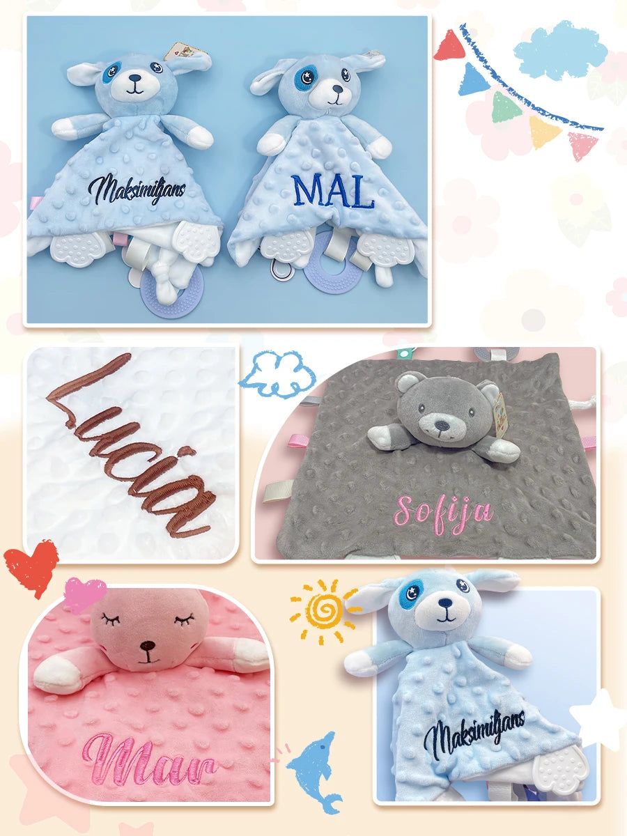 Personalized Newborn Baby Comforter Custom Minky Security Blanket with Teether Bunny Elephant Baby Shower Gift