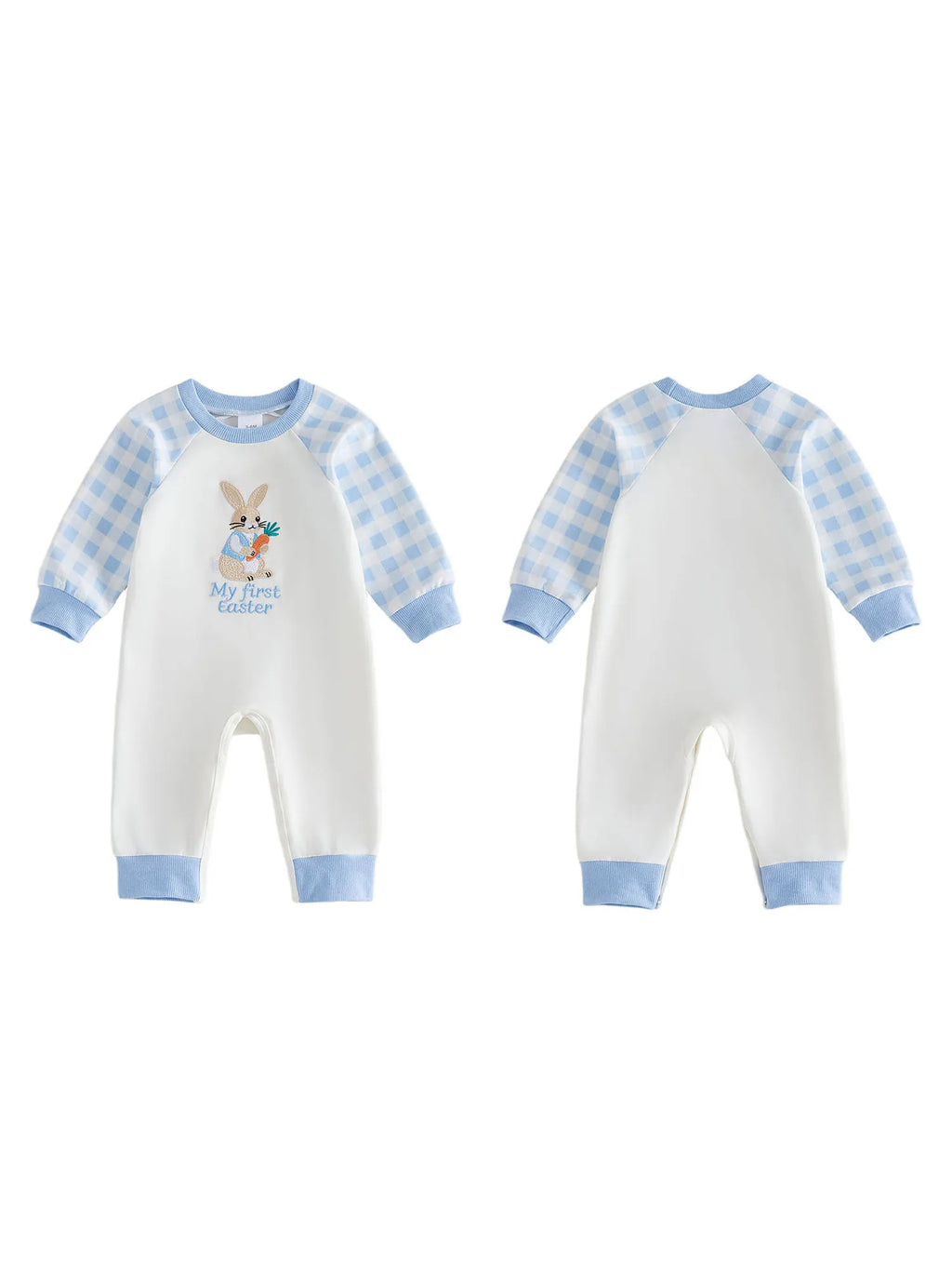 Cute Baby Easter Romper Bunny Letter Embroidered Plaid Long Sleeve Crew Neck Newborn Baby Rabbit Jumpsuit Costume