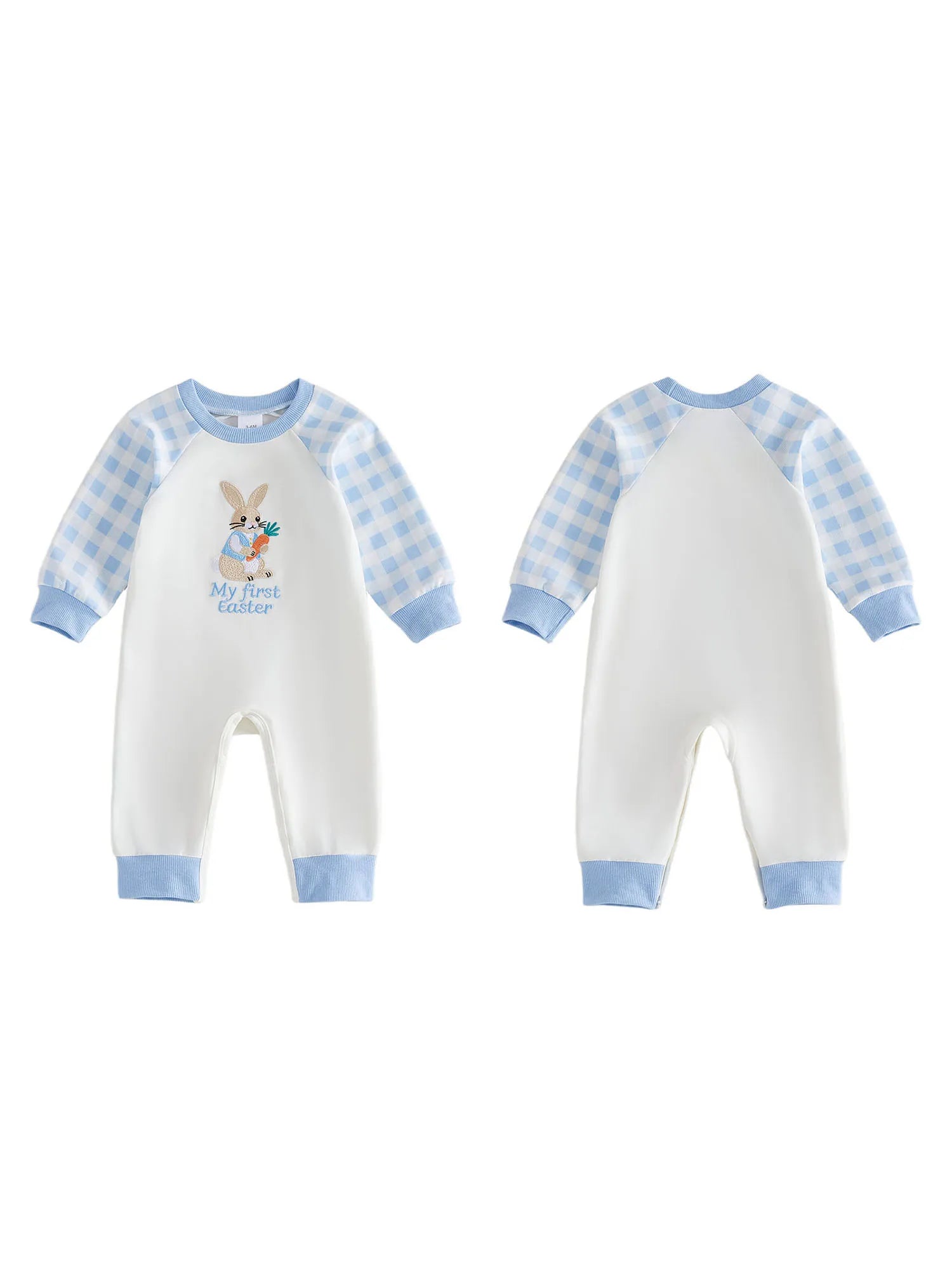 Cute Baby Easter Romper Bunny Letter Embroidered Plaid Long Sleeve Crew Neck Newborn Baby Rabbit Jumpsuit Costume