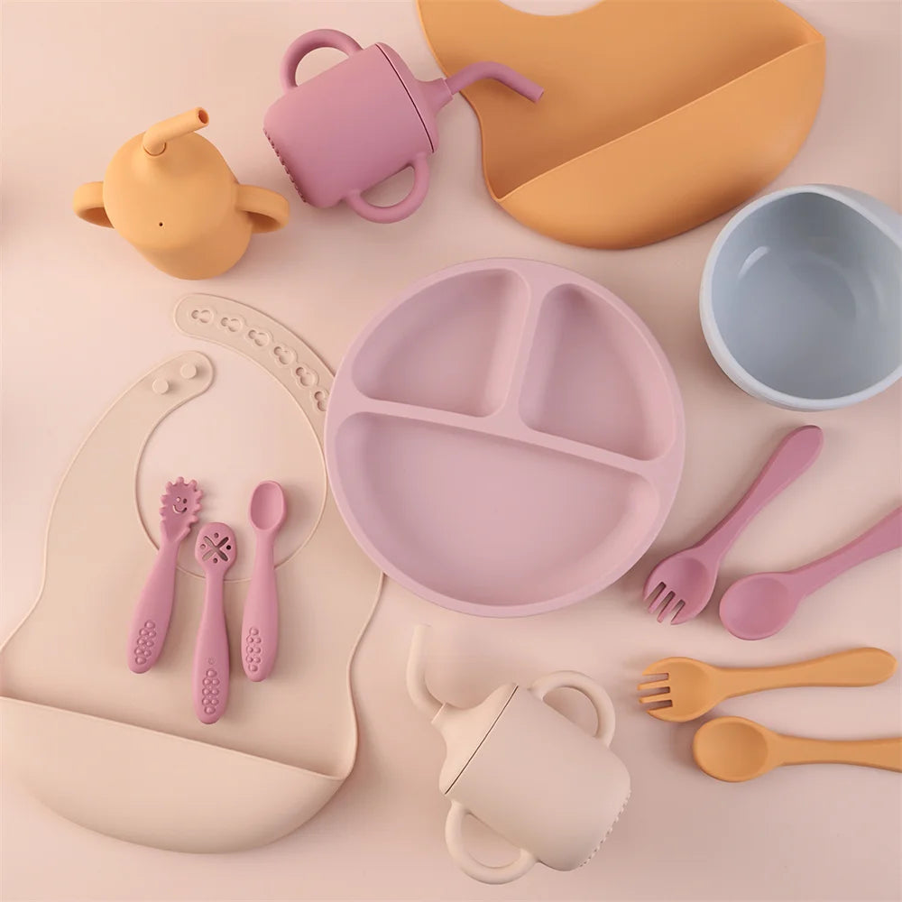 Baby Feeding Set Silicone 9-Piece Bowl Plate Bib Cup Utensils